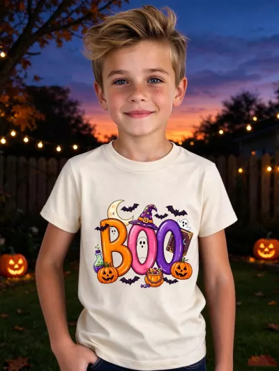 BOO Ghost & Witch Hat Halloween Shirt, Crescent Moon Bats & Jack-o'-Lantern Graphic Tee, Candy Cauldron Potion Bottle Design