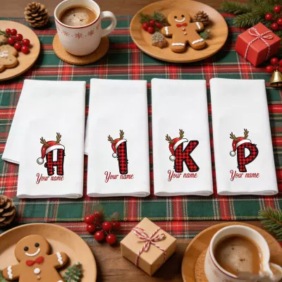 Buffalo Plaid Initial Christmas Napkin, Personalized Monogram Cloth Dinner Napkin, Red Santa Hat Antler Letter, Custom Name Holiday Table Decor, Reusable Festive Xmas Gift