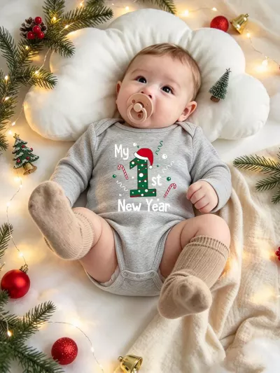 My 1st New Year Baby Bodysuit, Candy Cane Santa Hat First New Year Outfit, Long Sleeve Holiday Bodysuit for Baby, Festive Winter One Piece