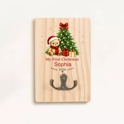 Personalized My First Christmas 2026 Teddy Bear Board, Custom Name Sophia Keepsake, Santa Hat Bear & Christmas Tree Sign, Baby's First Holiday Wooden Ornament