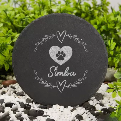 Personalized Paw Print Heart Memorial Stone, Custom Pet Name Keepsake, Engraved Leafy Branch Design, Sympathy Gift for Pet Loss