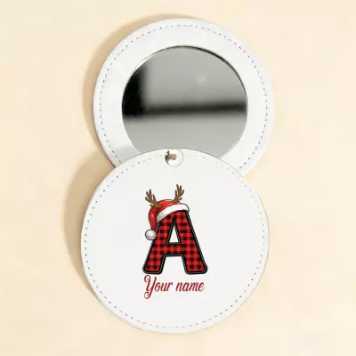 Monogram A Christmas Plaid Mirror Cover, Santa Hat Reindeer Antlers Initial A, Custom Name Round Mirror, Holiday Stocking Stuffer