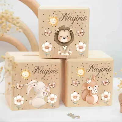 Personalized Wooden Coin Bank Boxes, Lion Cub Rabbit Squirrel, Custom Name Piggy Bank, Smiling Sun Flowers Butterflies, Kids Birthday Gift