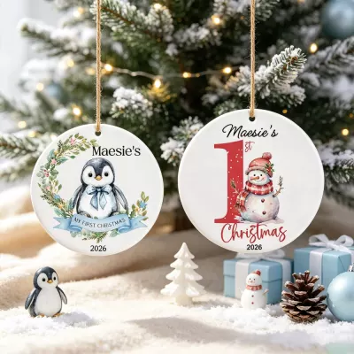 Personalized First Christmas Ornament 2026, Penguin and Snowman Ceramic Keepsake, Custom Name Baby's 1st Holiday Decoration, New Parents Gift
