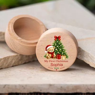 My First Christmas 2026 Teddy Bear Keepsake Box, Personalized Baby's First Holiday Wooden Box, Custom Name Sophia Bear and Tree Design, New Baby Christmas Gift