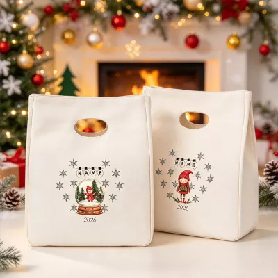 Personalized 2026 Snow Globe Elf Christmas Tote Bag, Custom Name Cutout Handle Bag, Snowflake Holiday Gift Bag, Reusable Festive Treat Pouch
