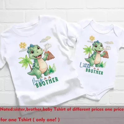 Big Brother Dinosaur T-Shirt, Little Brother Bodysuit, Matching Sibling Set, Green Dino Volcano Palm Tree, Baby and Toddler Brother Outfits