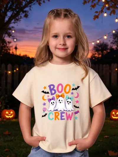 BOO Crew Ghost Halloween Shirt, Three Ghosts with Bows, Bats Moons Stars Candy Design, Light Yellow Halloween Tee for Kids