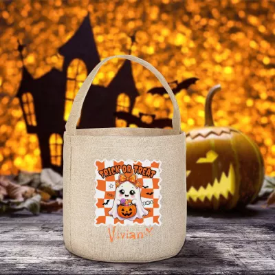 Trick or Treat Ghost Tote Bag, Personalized Halloween Candy Bag, Cute Ghost with Pumpkin Bucket, Custom Name Tote, Kids Halloween Bag
