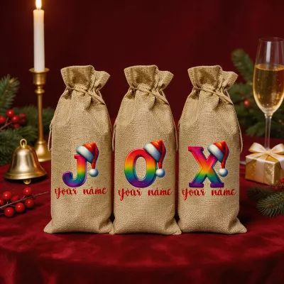 J O X Monogram Wine Gift Bag, Personalized Christmas Santa Hat Initial Burlap Drawstring Pouch, Custom Name Wine Bottle Tote for Holiday Gift Exchange, Reusable Festive Packaging Sack
