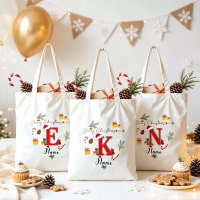 Merry Christmas 2024 Initial Tote Bag, Personalized Letter E K N Canvas Bag, Santa Hat Monogram with Name, Holiday Gift Tote, Reusable Shopping Bag