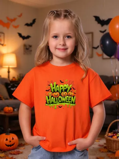 Dripping Happy Halloween Graphic, Orange Jack-o'-Lantern Bats & Spiderwebs Tee, Halloween Shirt for Men and Women