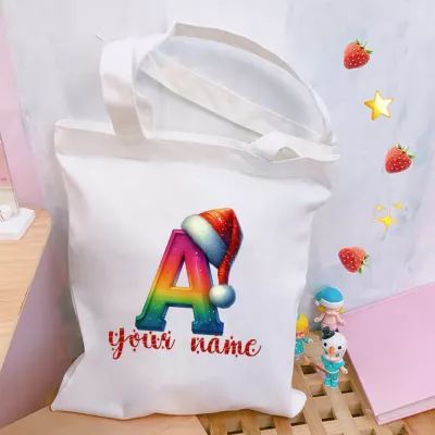 Rainbow Letter A Christmas Tote Bag, Santa Hat Monogram Initial A Tote, Holiday Letter A Bag, Christmas Gift Tote for Her