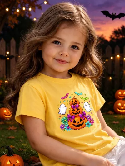 Cute Halloween Pumpkin Kids T-Shirt, Ghost and Pumpkin Tee for Girls