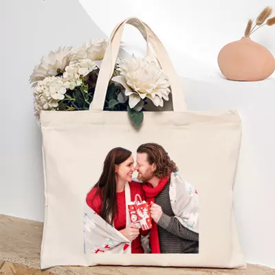 Personalized Canvas Tote Bag with Winter Holiday Couple Photo Print