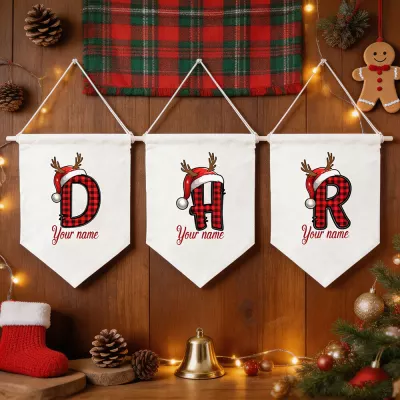 Personalized Christmas Pennant Banner, Plaid Letter Name Flags, Santa Hat Reindeer Antlers, Custom Family Name Wall Hanging, Festive Holiday Decor, Xmas Gift