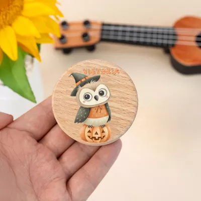 Personalized Witch Owl on Pumpkin Halloween Ornament, Custom Name Wooden Disc, Owl in Witch Hat Keepsake, Kids Halloween Decor, Customizable Fall Gift