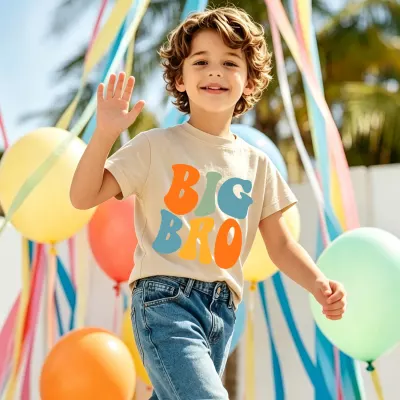 Big Bro Shirt for Boys, Big Brother Announcement Tee, Light Beige Kids T-Shirt with Wavy BIG BRO Print, Sibling Reveal Gift, Older Brother Top