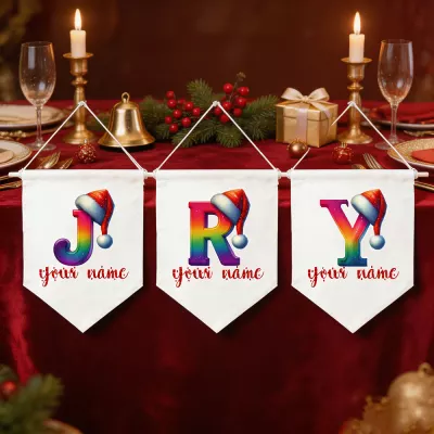 Personalized Christmas Pennant Banner, Rainbow Monogram Initial Letters with Santa Hats, Custom Name Hanging Flag Garland, Festive Xmas Wall Decor for Holiday Dinner, Family Gift