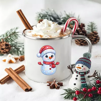Snowman with Santa Hat Mug, Light Blue Snowman with Red Scarf and Mittens, Winter Holiday Cocoa Mug, Christmas Snowman Drink Cup, Seasonal Hot Chocolate Mug