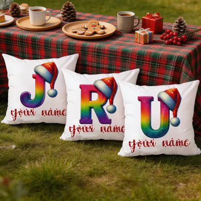 Personalized Christmas Initial Pillow Cover, Rainbow Letter Monogram with Santa Hat, Custom Name Cushion Case, Holiday Decor Gift for Home