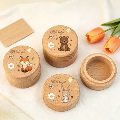 Personalized Woodland Animal Name Puzzle Boxes, Custom Wooden Keepsake Boxes with Fox Bear Rabbit, Cursive Name Gift Set