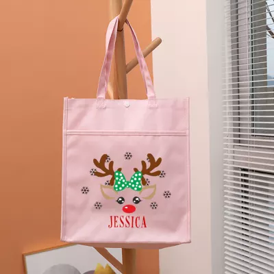Reindeer Face Christmas Tote Bag, Pink Holiday Bag with Plaid Bow and Red Nose, Snowflake Design, Custom Name JESSICA