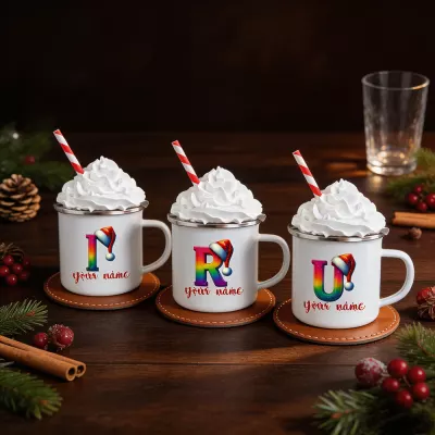 Rainbow Initial Mug With Santa Hat, Personalized Christmas Enamel Coffee Cup, Custom Name Monogram Letter, Festive Xmas Drinkware, Holiday Gift for Christmas Dinner
