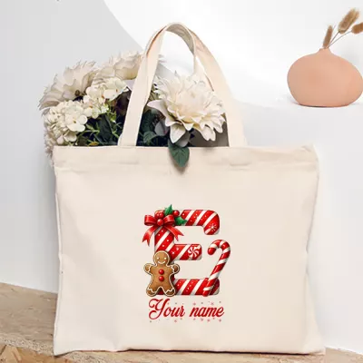 Personalized Christmas Candy Cane Letter E Tote Bag, Custom Name Initial E Tote, Gingerbread Man and Holly Xmas Design, Monogram Holiday Shopping Bag, Cream Canvas Carryall for Christmas