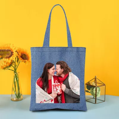 Personalized Polyester Tote shopper Bag with custom Photo Artwork, Custom Reusable everyday carry denim Shopping Bag