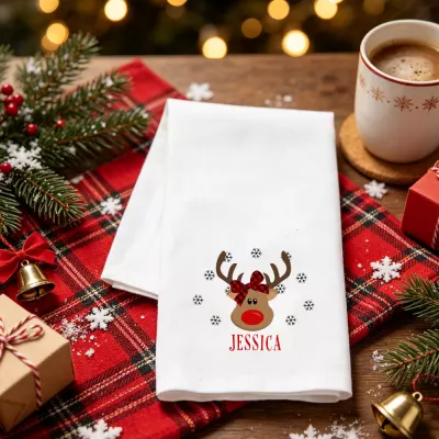 Reindeer Face Christmas Towel with Plaid Bow and Snowflakes, Personalized Name JESSICA, Holiday Bathroom Decor, Festive Xmas Hand Towel for Her