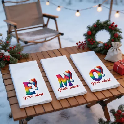 Personalized Santa Hat Monogram Letter Napkin, Custom Name Christmas Cloth Dinner Napkin, Rainbow Gradient Initial Xmas Table Decor, Holiday Gift