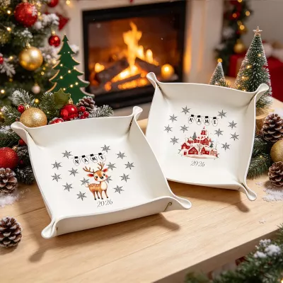 Personalized Reindeer & Snowy Village Trinket Tray, Custom Name 2026 Christmas Jewelry Dish, Winter Holiday Desk Organizer Gift