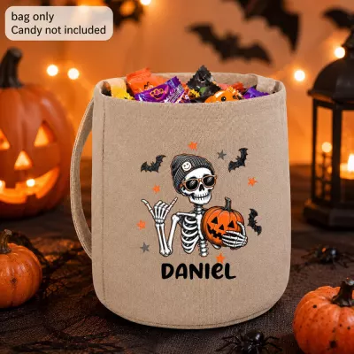 Personalized Skeleton Halloween Candy Bag, Custom Name Trick or Treat Tote, Beanie Sunglasses Skull with Jack-o'-Lantern, Bats and Stars Design