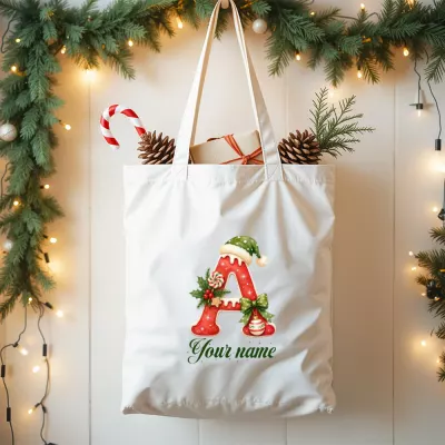 Christmas Monogram A Tote Bag, Personalized Initial Letter with Santa Hat, Holly, Candy Cane and Ornament, Custom Name Holiday Bag, Christmas Gift Tote