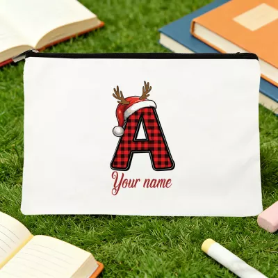 Monogram A Christmas Pouch, Buffalo Plaid Initial A Zippered Bag, Santa Hat Antler Letter A, Holiday Gift for Kids, Red Black Plaid