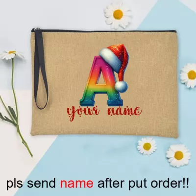 Rainbow Letter A Santa Hat Christmas Pouch, Personalized Name Zippered Wristlet Bag, Custom Monogram Holiday Gift, Tan Zip Pouch with Black Strap