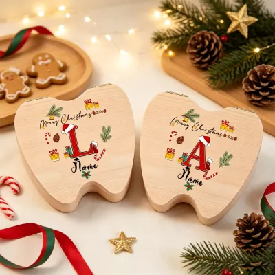 Personalized Christmas Tooth Keepsake Box, Custom Initial & Name Wooden Baby Tooth Holder, Merry Christmas 2026 Santa Hat Letter, Holiday Gift for New Parents