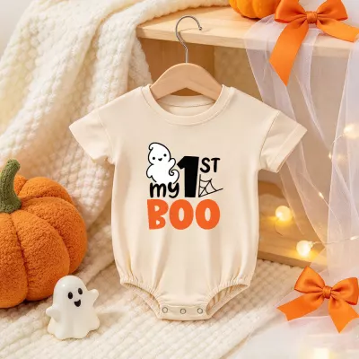 My 1st Halloween Ghost Bodysuit, First Halloween Baby Outfit, Boo Ghost & Spiderweb Bodysuit, Baby's First Halloween, Cream Short Sleeve
