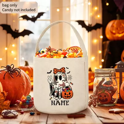 Personalized Camo Ghost Halloween Candy Bag, Custom Name Trick or Treat Tote, Peace Sign Ghost with Pumpkin Bucket, Kids Bucket Bag