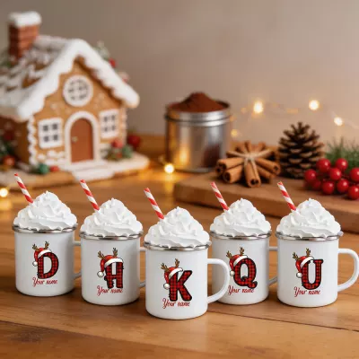 Personalized Plaid Letter Christmas Mug With Reindeer Antlers, Custom Name Monogram Holiday Cup, Festive Xmas Drinkware Gift For Family