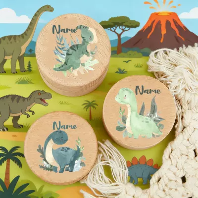 Personalized Dinosaur Name Discs, Custom Wooden Nursery Decor, Watercolor Dino Keepsake, Green Leaves Name Plaque, Kids Room Gift, Baby Shower Present