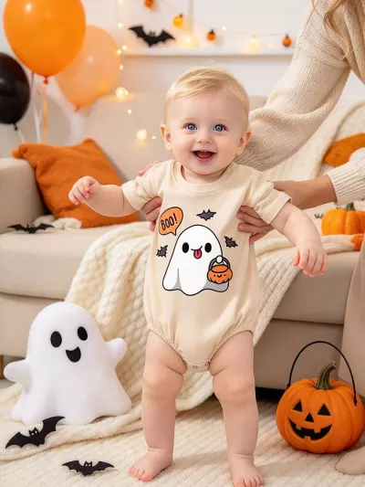 Halloween Ghost Baby Bodysuit, Boo Ghost with Pumpkin Bucket, Beige Short Sleeve Bodysuit, Cute Spooky Bat Print Outfit for Baby