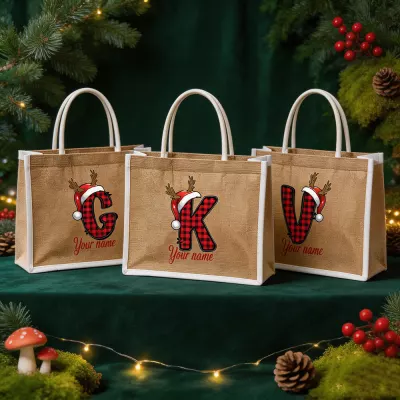 Plaid Monogram Initial Christmas Tote Bag, Personalized Name Santa Hat Antler Letter, Custom Holiday Gift Sack, Reusable Xmas Handbag for Relatives