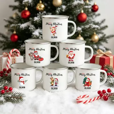 Personalized Merry Christmas Mug with Name, Santa Snowman Reindeer Camp Cup, Custom Holiday Coffee Mug Gift for Kids and Family