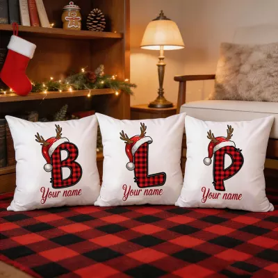Buffalo Plaid Monogram Christmas Pillow Cover, Personalized Name Initial with Santa Hat & Reindeer Antlers, Custom Letter Cushion for Sofa Bedroom Holiday Decor, Gift