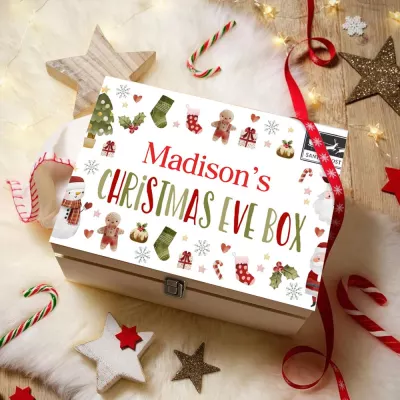 Madison's Christmas Eve Box, Personalized Name Gift Box with Santa Post Ribbon, Christmas Tree Stocking Gingerbread Snowman Print, Custom Holiday Keepsake for Kids