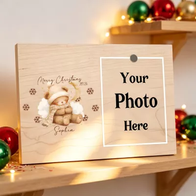 Personalized Merry Christmas 2026 Teddy Bear Photo Plaque, Custom Name Wooden Frame, Sleeping Bear on Cloud with Moon and Snowflakes, Holiday Tabletop Keepsake