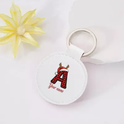 Monogram Letter A Christmas Keychain, Red Plaid Initial with Santa Hat and Reindeer Antlers, Personalized Name Tag Charm for Holiday Bags and Keys