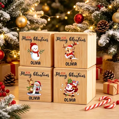 Personalized 2026 Christmas Wooden Block, Custom Name Olivia, Snowman Reindeer Santa Design, Holiday Keepsake Gift, Christmas Money Box
